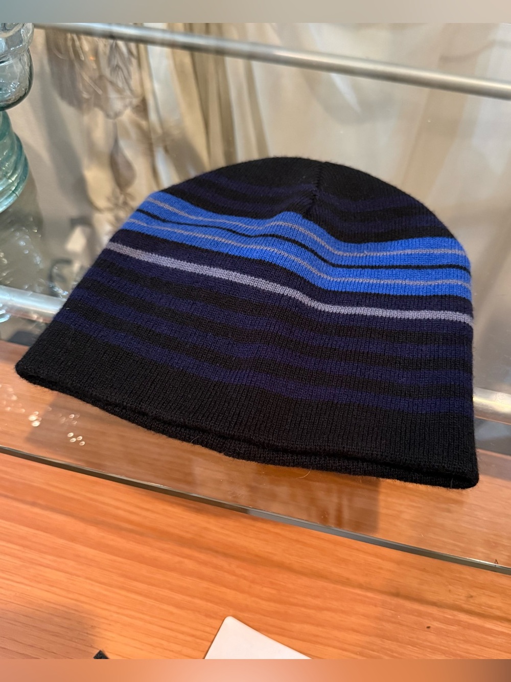 JNCO Black Beanie with Blue and Navy Stripes
